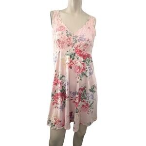 Flora Nikrooz Babydoll Nighty L Pink Floral Lace Trim Chemise Sleepwear Dress